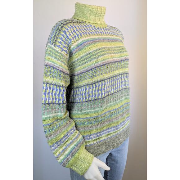 Sigrid Olsen Turtleneck Sweater Large Green Blue Silk Wool Hand Knit VTG 90s - Picture 3 of 10